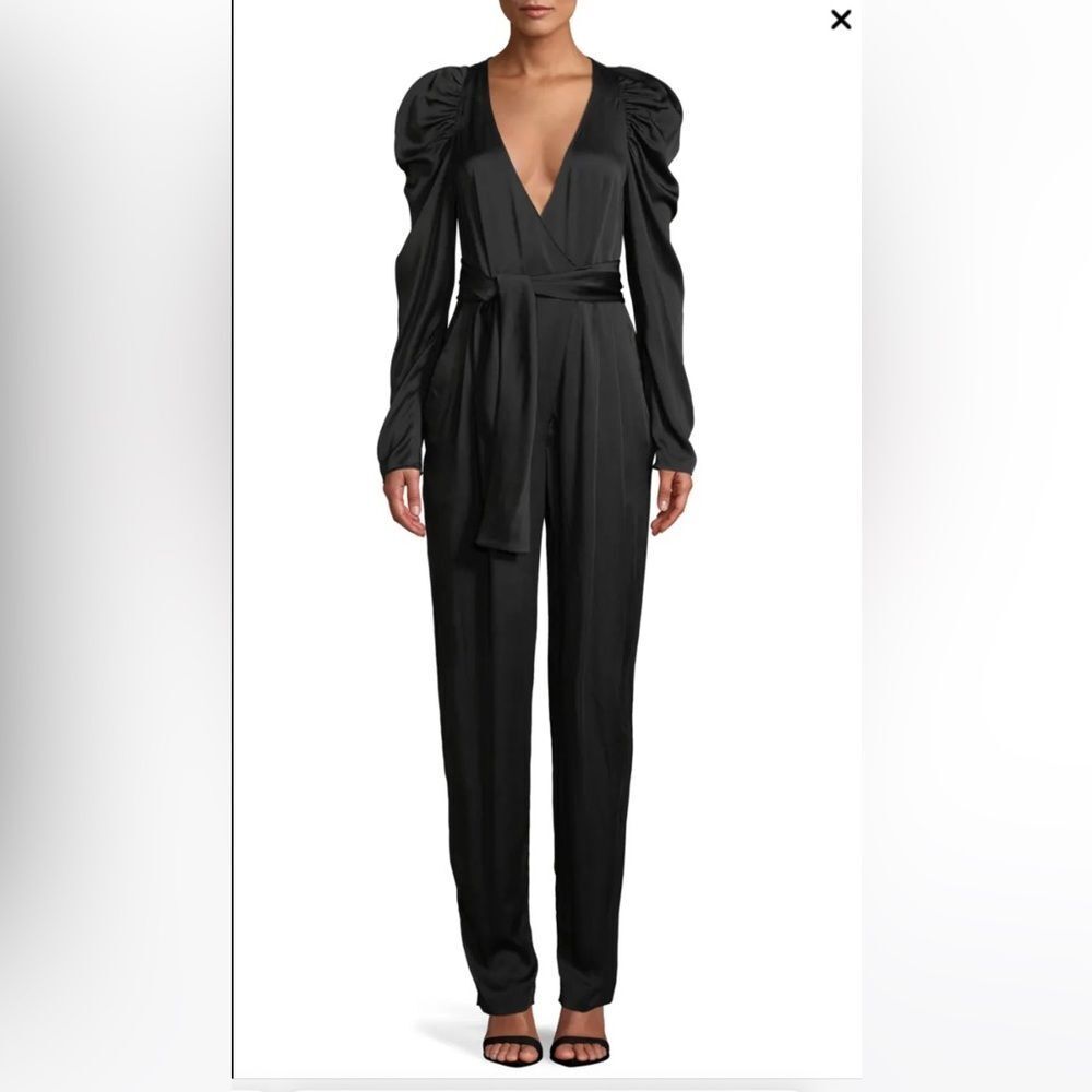 A.L.C. Christian Black‎ Puff-Sleeve Belted Satin V Neck Straight Leg Sz 4 NWT